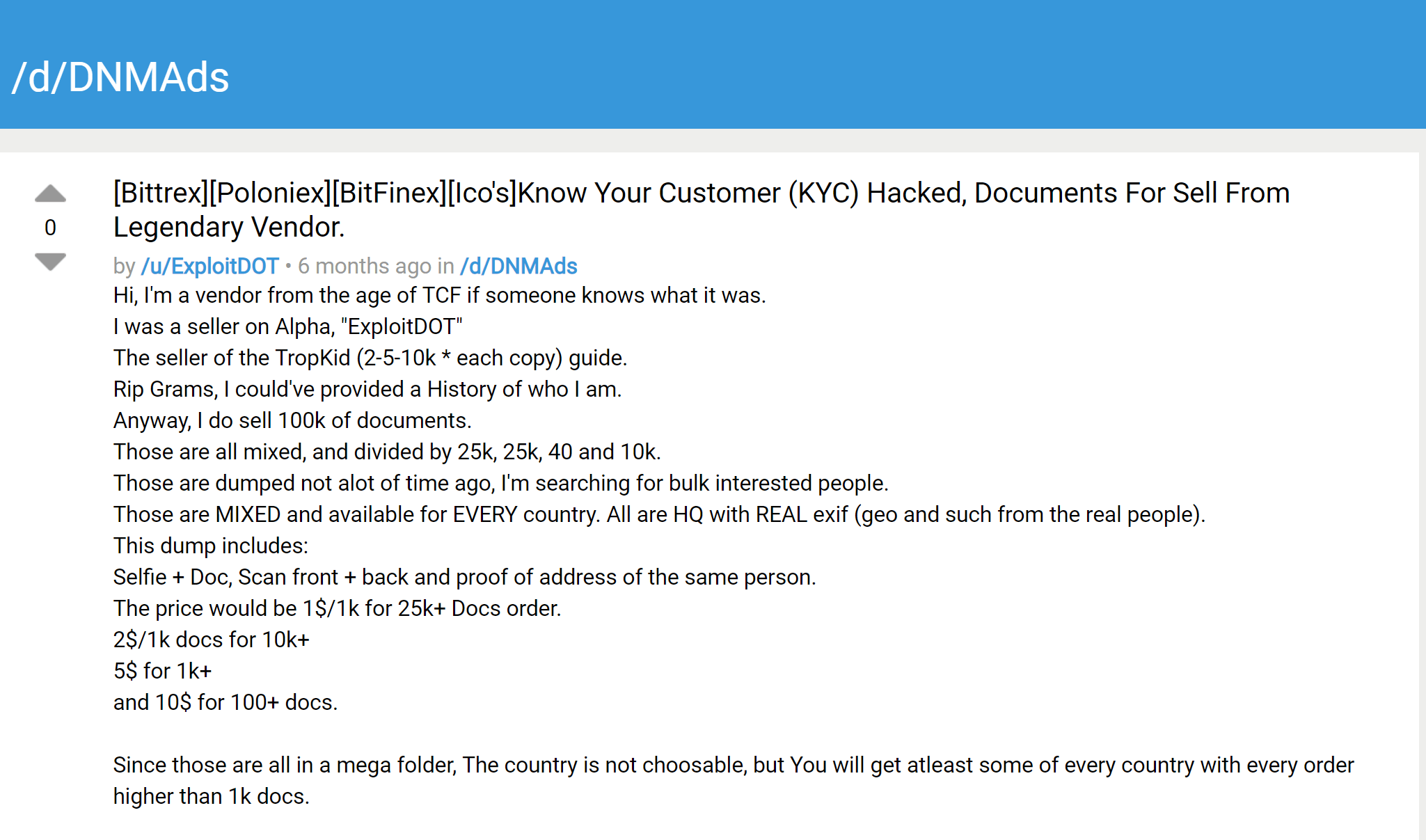 A post on darknet market "Dread" advertising the hacked KYC documents' sale