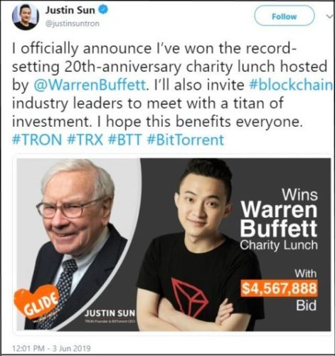 Tron CEO Justin Sun Warren Buffett auction