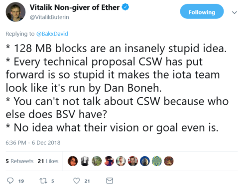 Vitalik Buterin Criticies Bitcoin SV Bllock Size