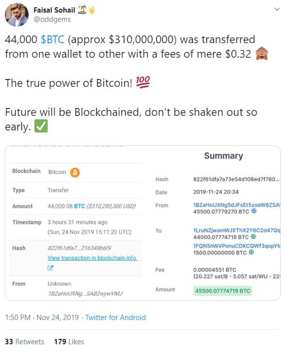Bitcoin multi-million dollar transfer