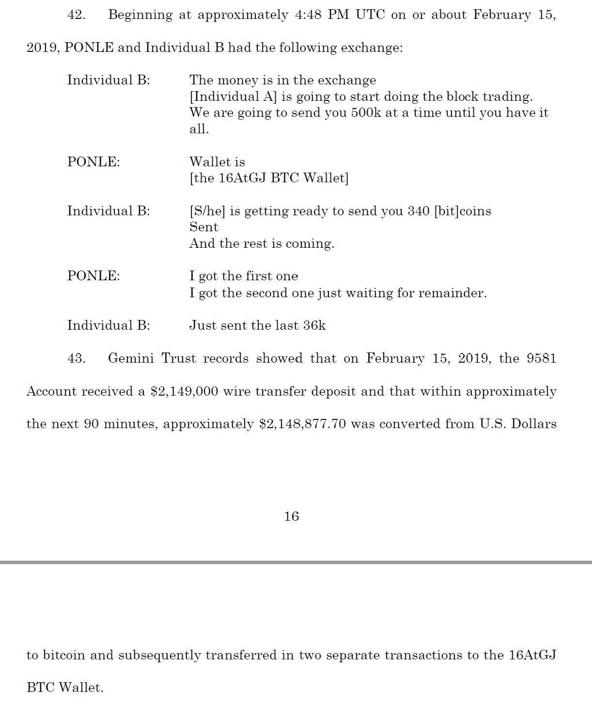 A discussion between Ponle and his associate of the Feb. 15, 2019 transaction