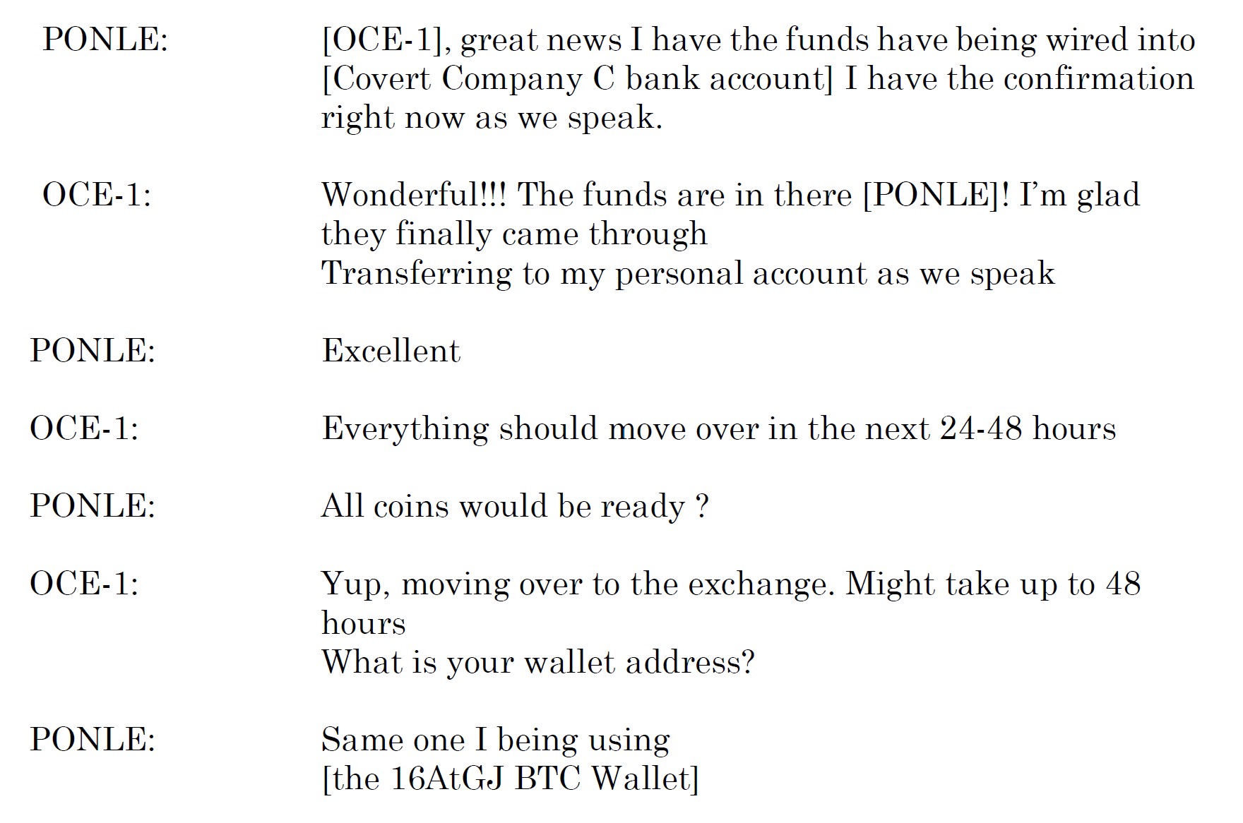 A discussion between Ponle and his associate of the Sept. 9, 2019 transaction