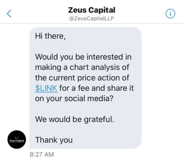 Twitter direct message from Zeus Capital