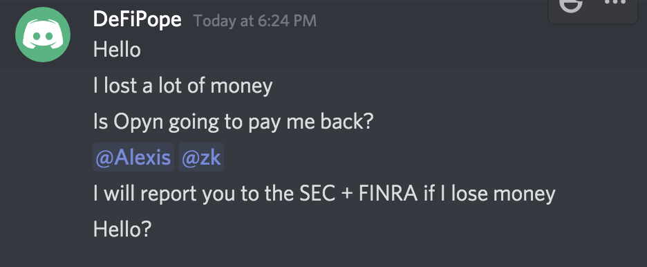 Screenshots from Opyn Discord chat