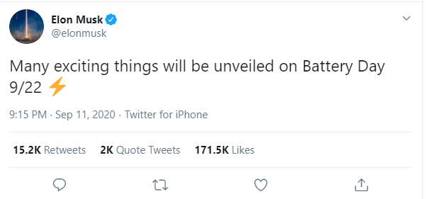 Elon Musk's tweet about battery day.