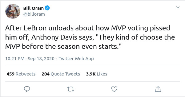 Anthony Davis of the LA Lakers talks LeBron James' 'MVP snub.'