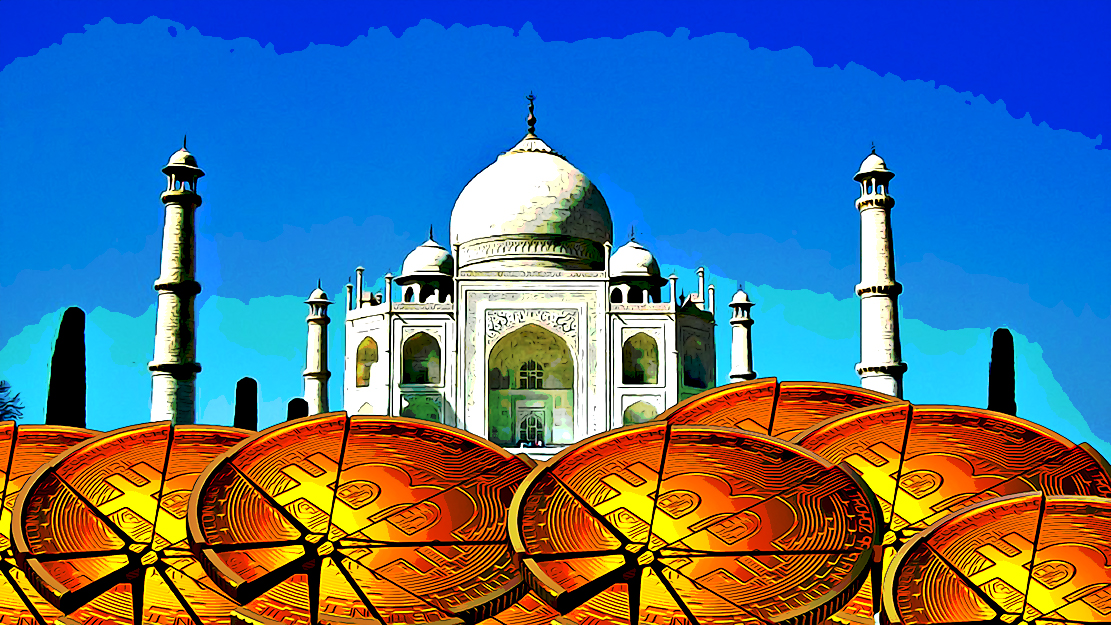 Crack bitcoin stacked in front of Taj Mahal