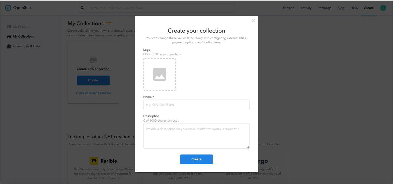 OpenSea NFT collection creation window