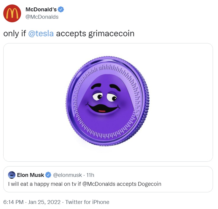 Elon Musk Tempts McDonald's to Accept Dogecoin — McDonald's Replies 'Only if Tesla Accepts Grimacecoin'