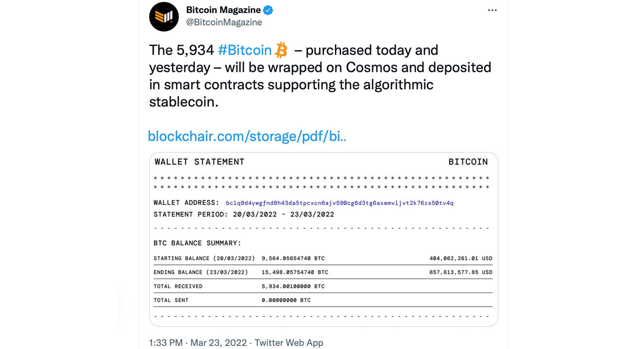 Onchain Data Shows Terra's Luna Foundation Continues to Stack Bitcoin