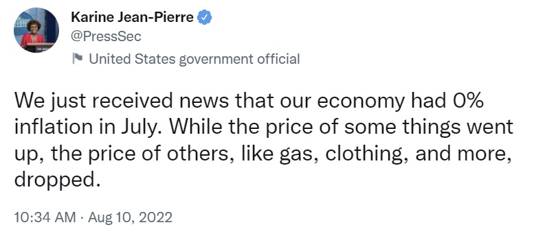 Biden Slammed for Claiming US Economy Had Zero Percent Inflation in July — One Lawmaker Calls It 'Sad and Dangerous'