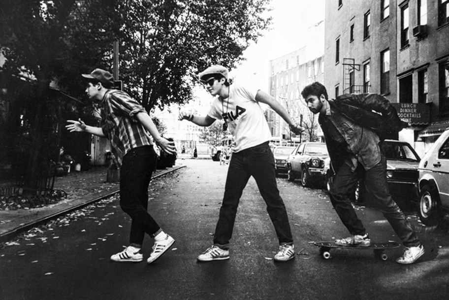 From left: Ad-Rock, Mike D and MCA in an image known as the "Charles Street Shuffle," during Powell's first official shoot with the Beastie Boys for the East Village Eye in 1986.