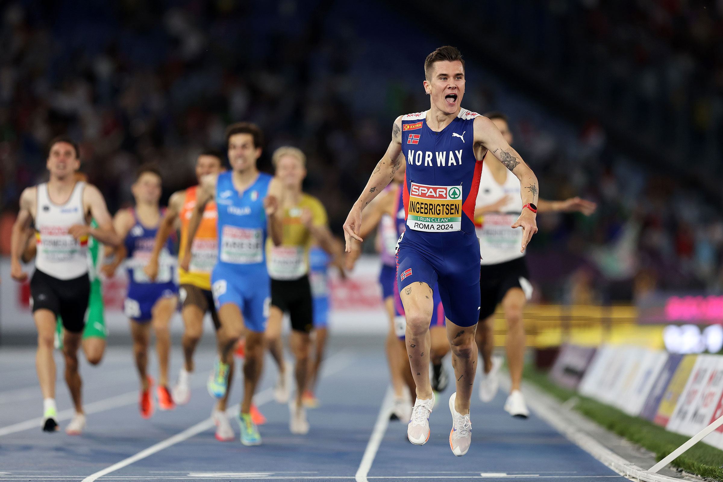 Jakob Ingebrigtsen of Team Norway crosses the finish line to win the Gold medal in the Men’s 1500m Final on day six of the 26th European Athletics Championships in Rome 2024 at Stadio Olimpico on June 12, 2024.