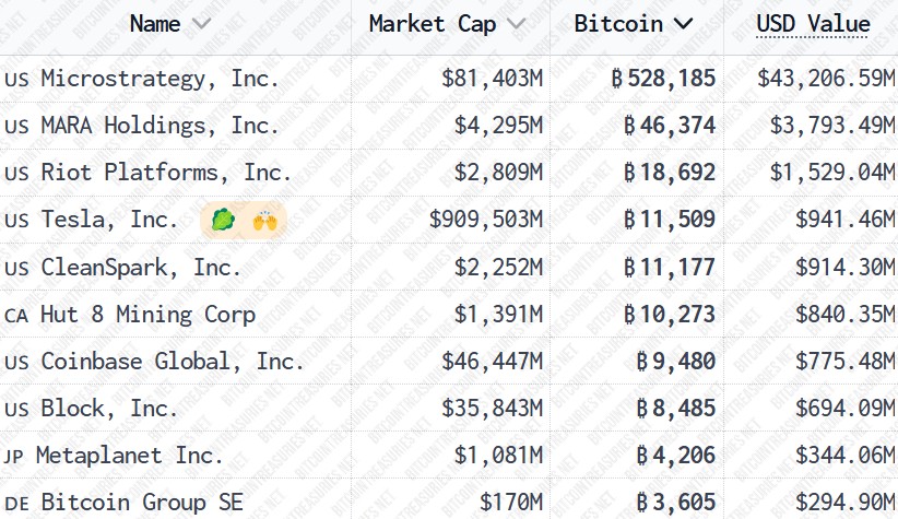 Publicly listed companies holding Bitcoin.