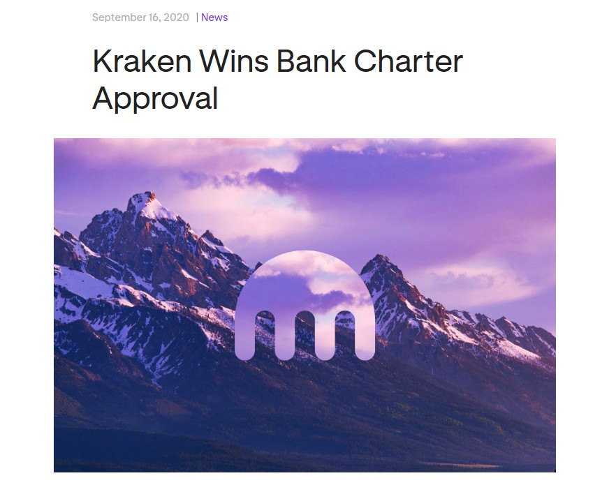 Kraken bank charter approval post in 2020.