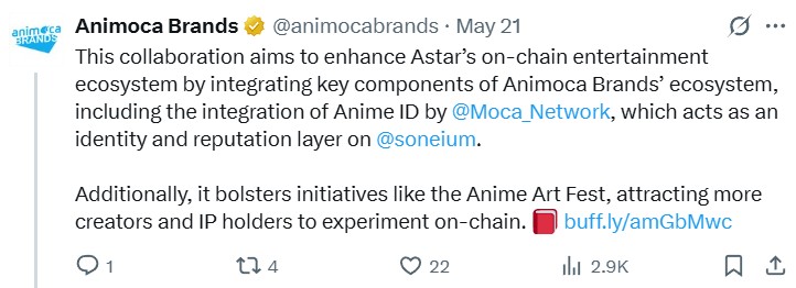 Animoca Brands Astar partnership announcement on X
