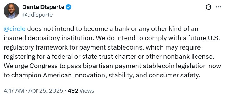 Circle denies it is becoming a bank but intends to comply with future regulatory requirements.