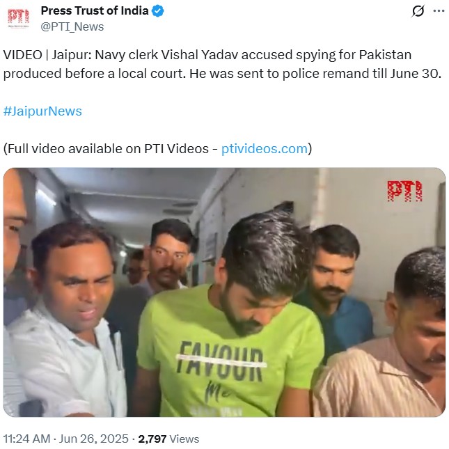 Screenshot of a video of navy clerk Vishal Yadav's arrest in India for selling military secrets to Pakistan for crypto.