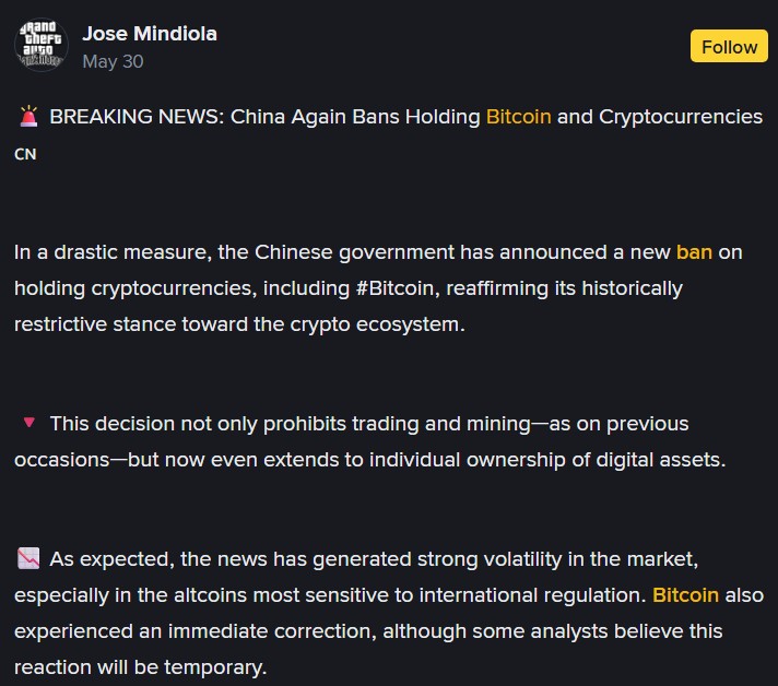 Binance square China bitcoin ban post