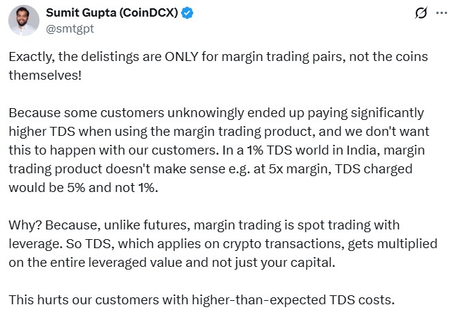 CoinDCX CEO Sumit Gupta's response to backlash on the exchange's decision to delist margin trading pairs