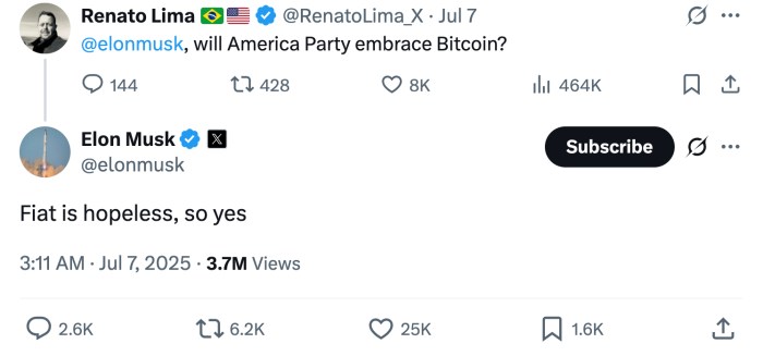 Musk calls fiat hopeless on X.