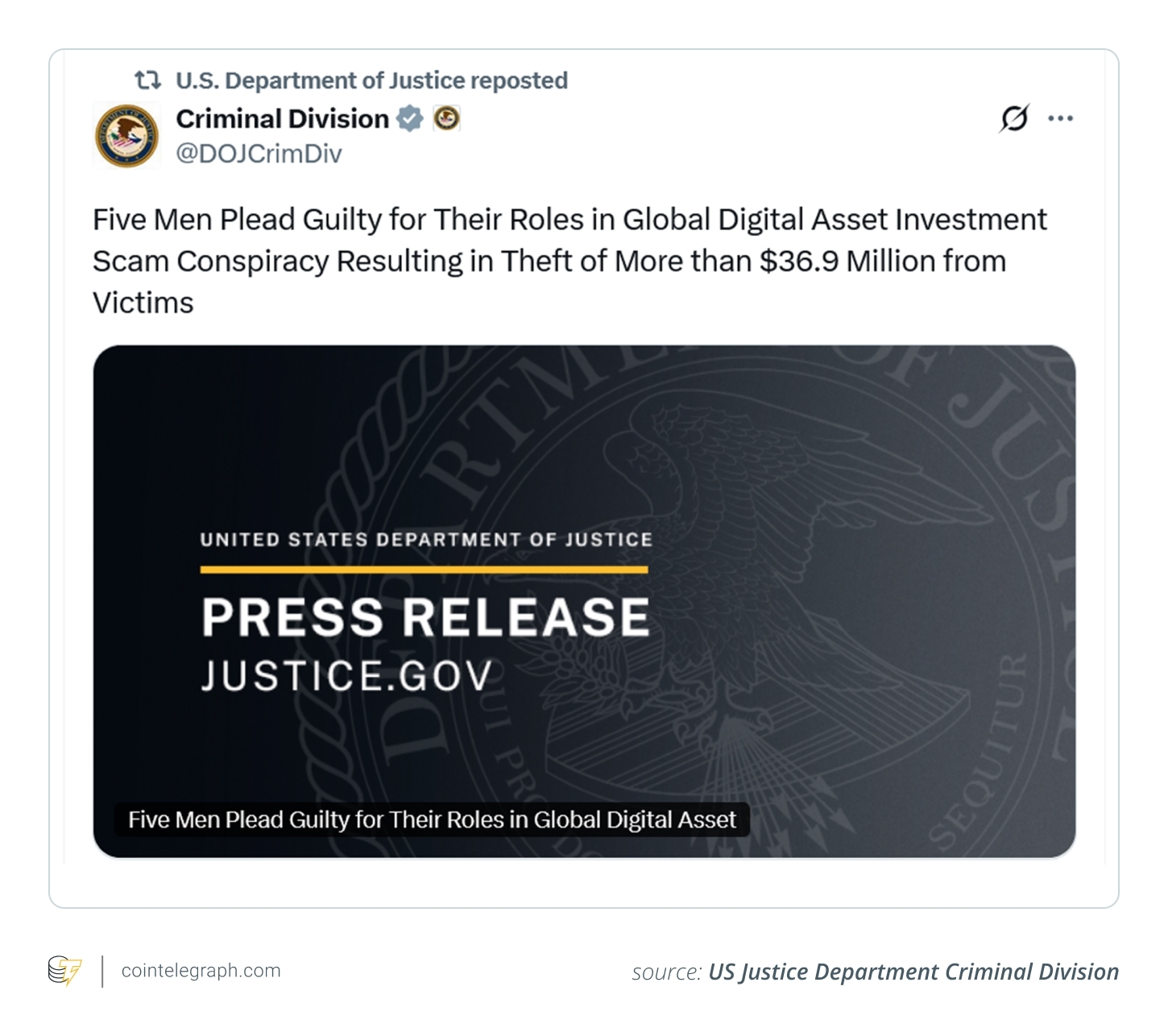 US Justice Department Criminal Division announcement on X US Justice Department Criminal Division announcement on X