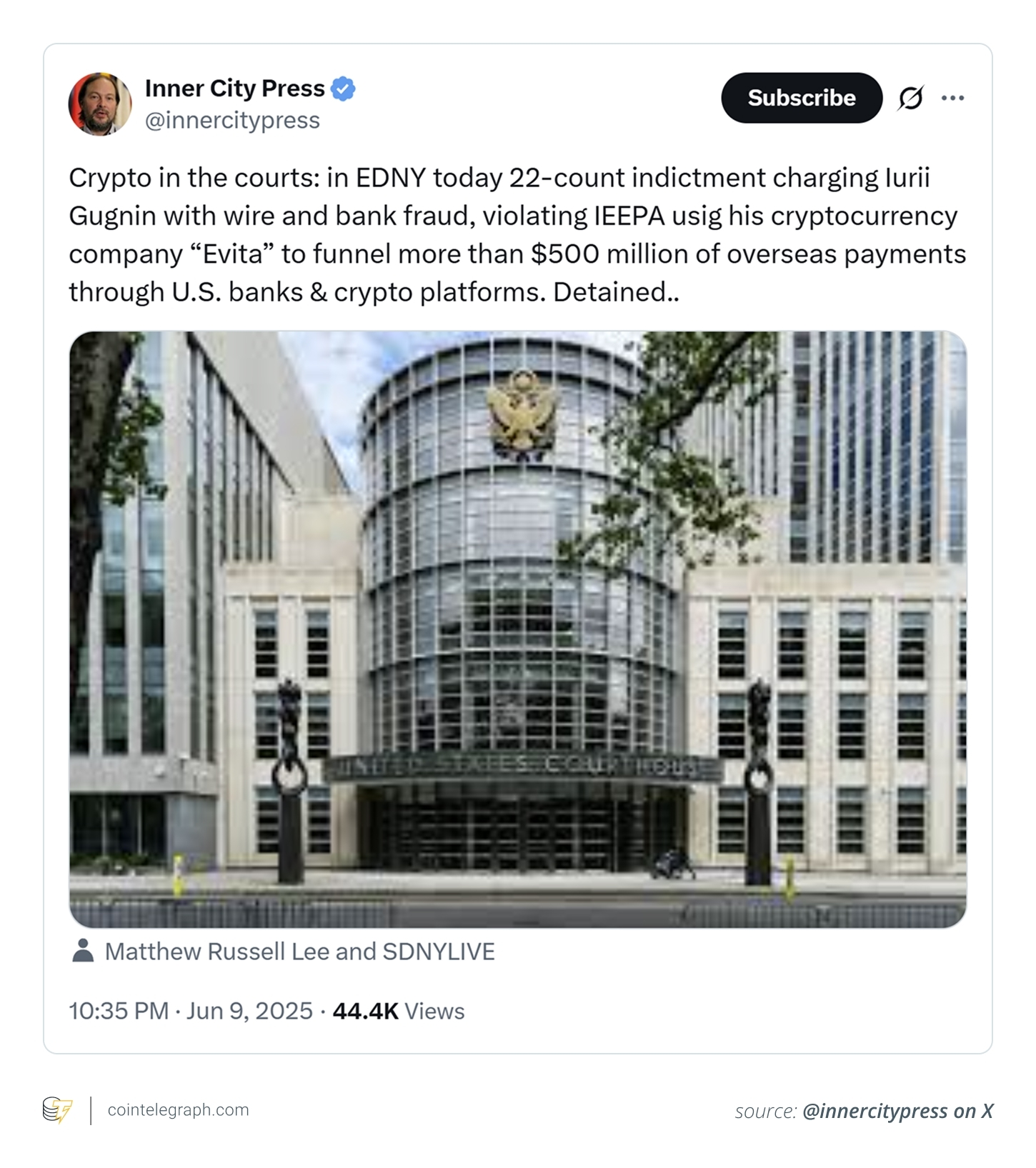 Gugnin charged with 22-count indictment in the Eastern District of New York (EDNY) court Gugnin charged with 22-count indictment in the Eastern District of New York (EDNY) court