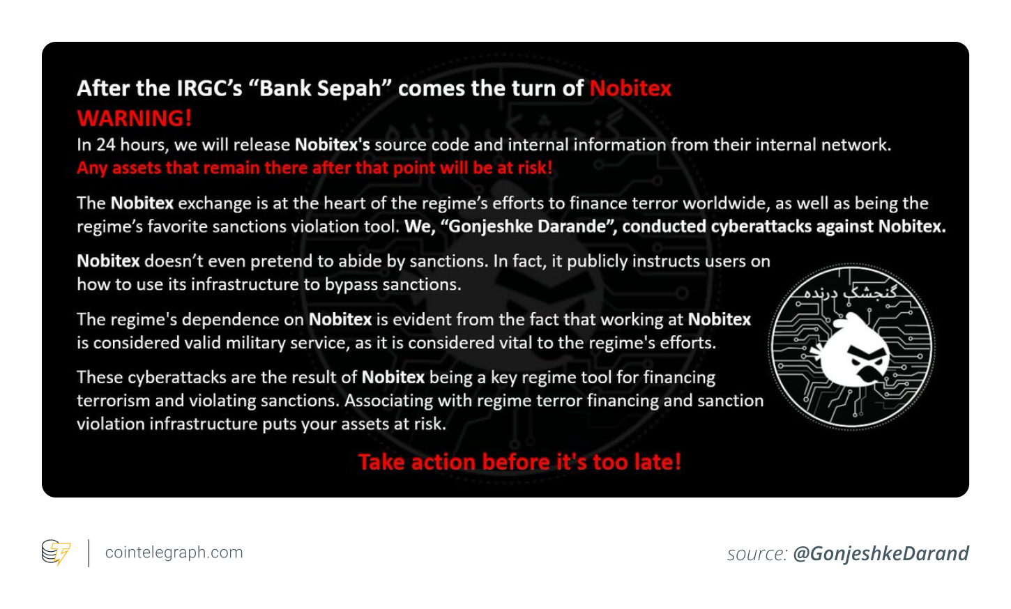 A warning posted by Predatory Sparrow on X