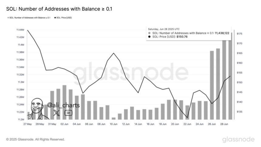 Solana Number of Addresses With Balance >= 0.1 | Source: Ali Martinez on X