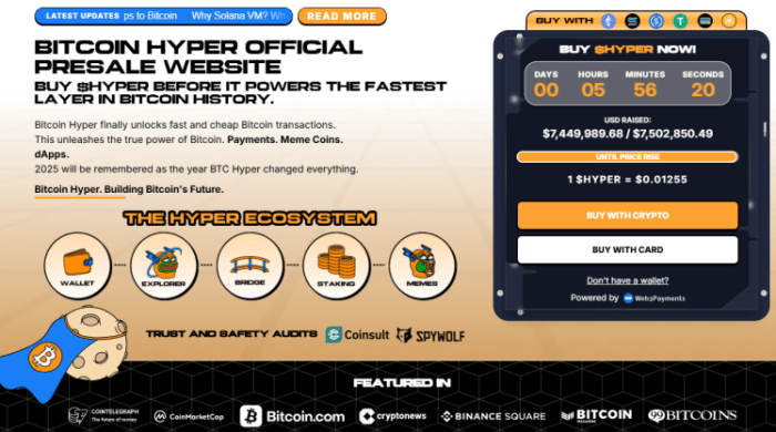 Bitcoin Hyper’s presale UI showing its price tier and funds raised thus far