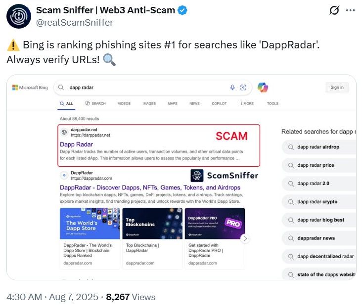 Scam Sniffer Bing search dapp radar