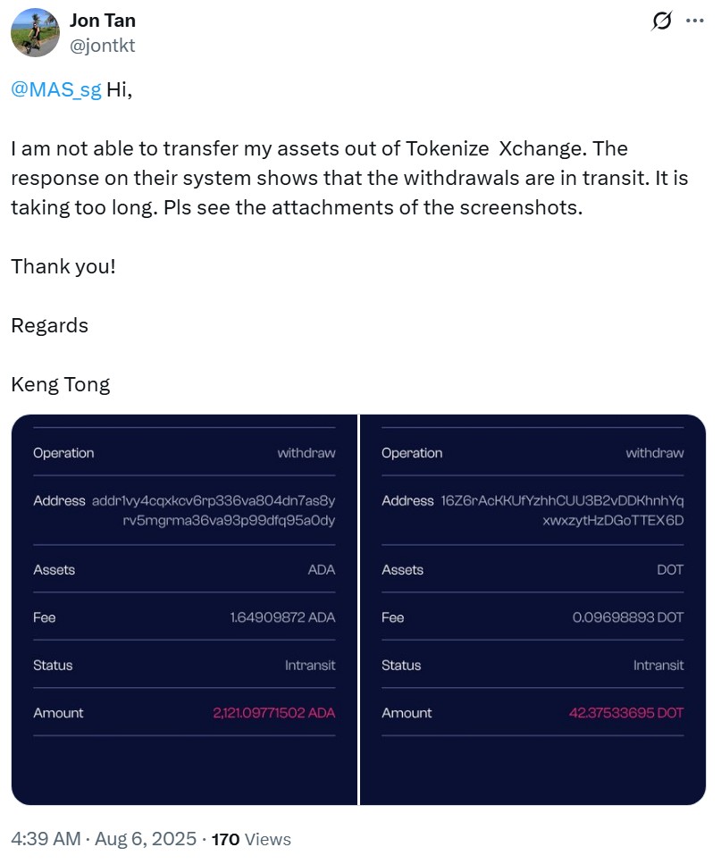 Users complain to MAS that their Tokenize Xchange withdrawals are stuck