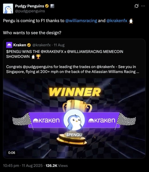 Pudgy Penguins repost of Kraken announcing $PENGU as the winner of their F1 competition.