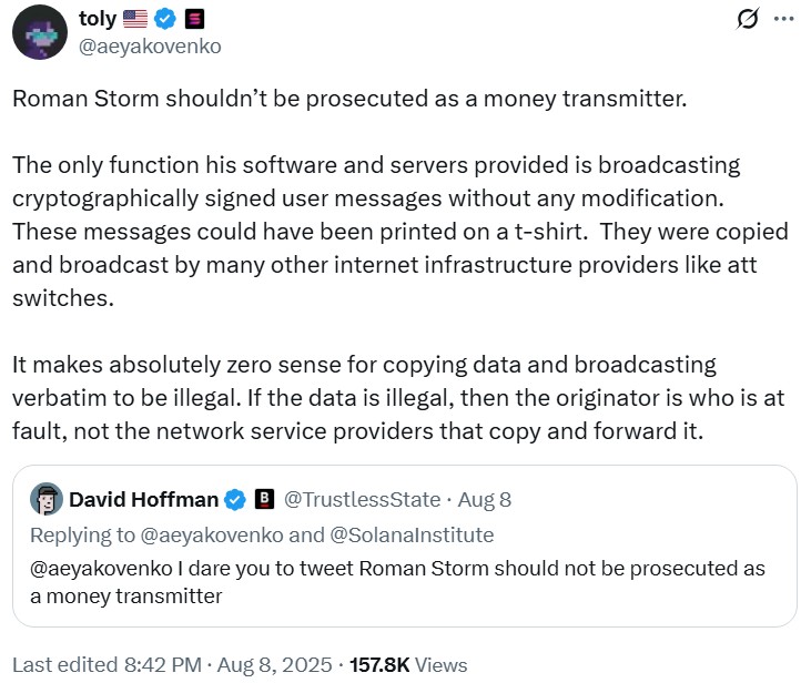 Solana founder Anatoly Yakovenko voices support for Roman Storm