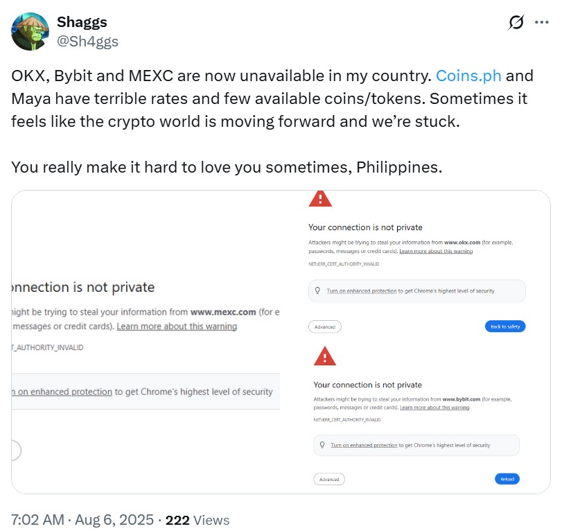 Philippines trader shares experience in trouble accessing crypto exchanges websites