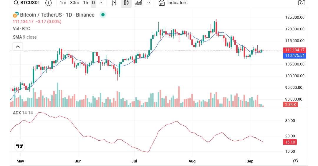 Bitcoin price chart from crypto.news showing ADX (Average Directional Index) technical indicator.