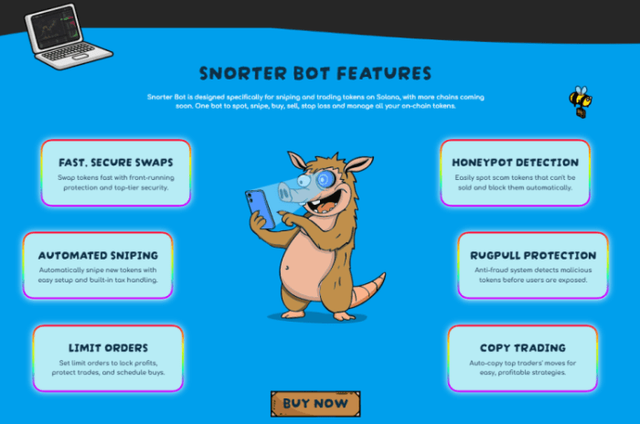 Snorter Bot features include automated sniping and copy trading.