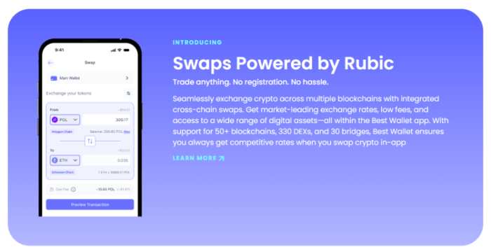 The Best Wallet crypto swap feature.