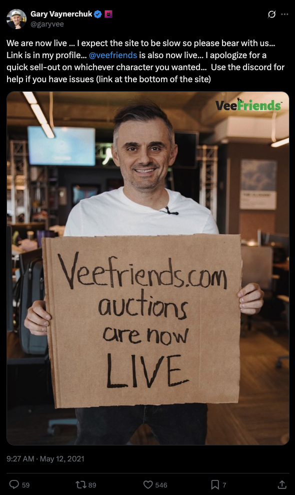 Gary Vee announcing the genesis VeeFriends mint is live