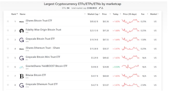 Largest cryptocurrency ETFs by marketcap