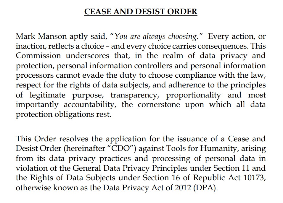 cease and desist order against World Coin