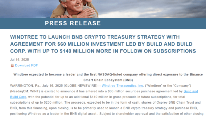 Windtree’s official press release announcing its coming BNB treasury