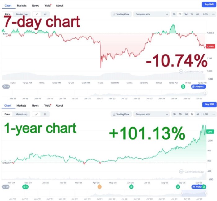 BNB’s seven-day and 1-year chart comparison