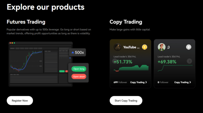 BTCC products -- futures trading, copy trading.