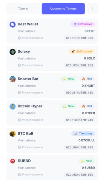 Upcoming Tokens feature in Best Wallet
