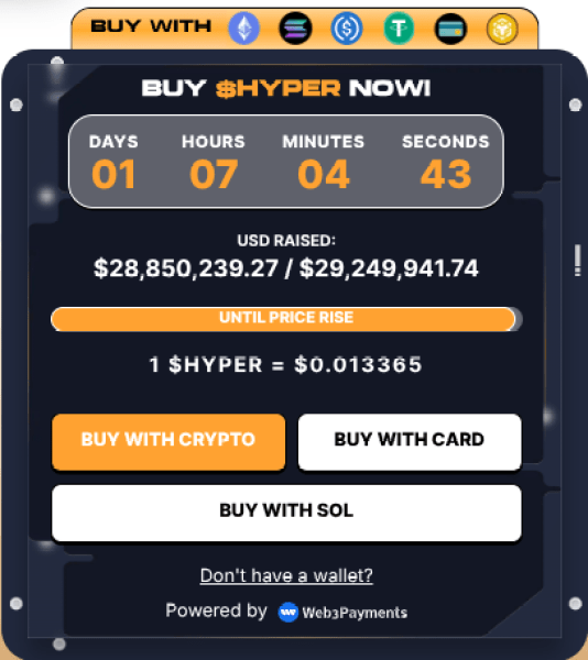 $HYPER widget showing over $28.8m raised.