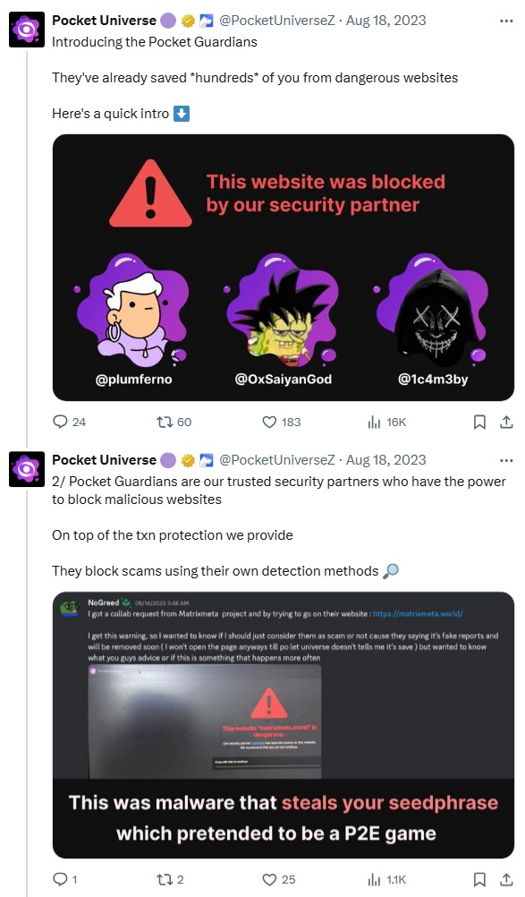 Pocket Universe tweet citing work done by security professionals, including Saiyan