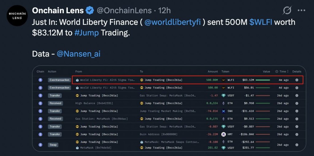 500 million WLFI tokens sent to Jump trading