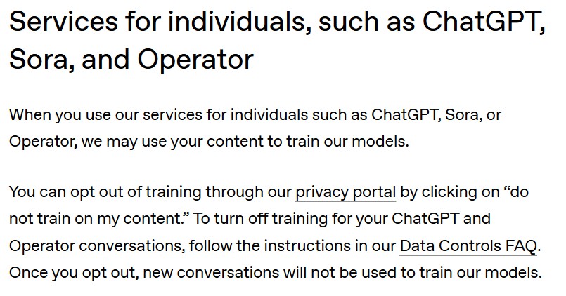 Open AI terms and conditions explains how it may use data