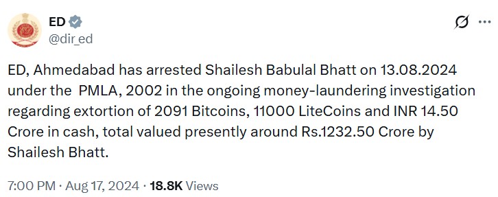 ED tweet of Bhatt's arrest in 2024
